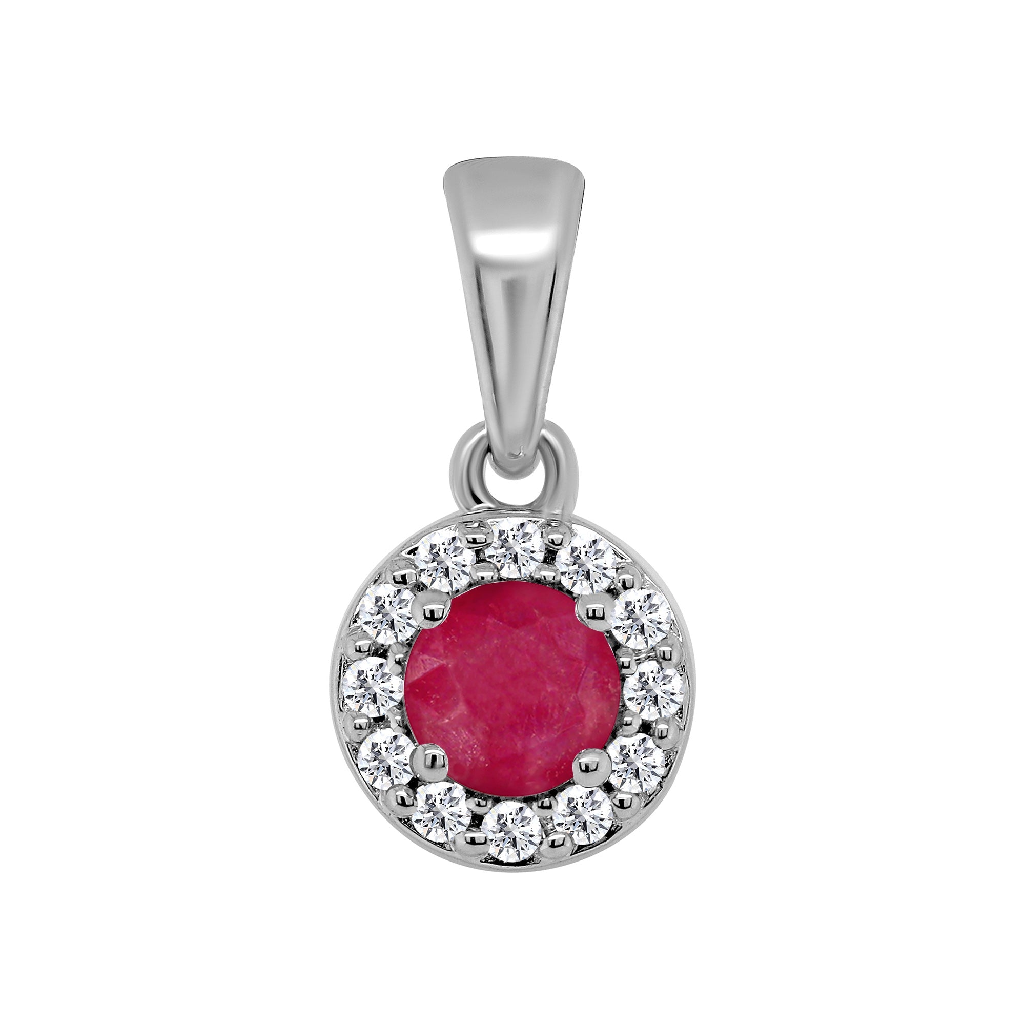 9ct white gold 3.60mm ruby & diamond halo cluster pendant 0.06ct