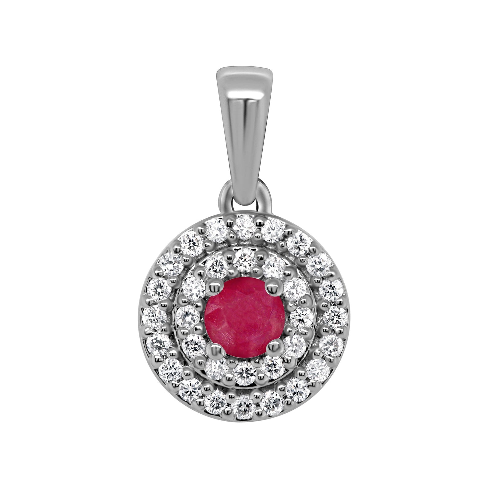 9ct white gold 3.00mm ruby & two row diamond halo cluster pendant 0.13ct