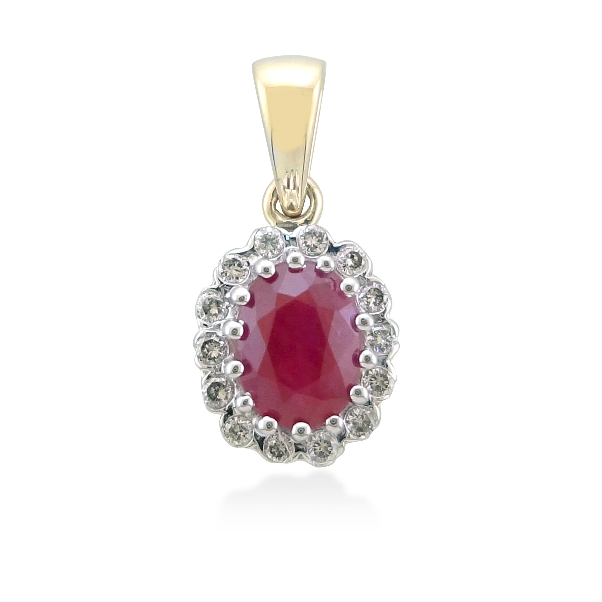 9ct gold 7x5mm oval ruby & diamond cluster pendant 0.12ct