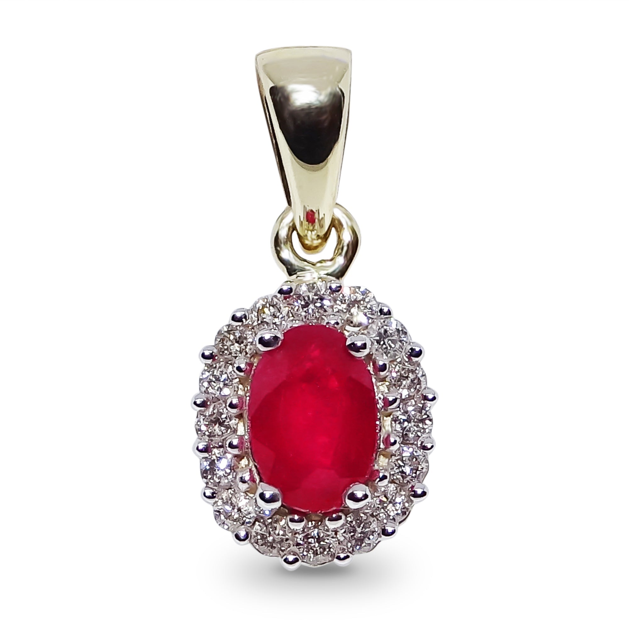 9ct gold 6x4mm oval ruby & diamond cluster pendant 0.16ct
