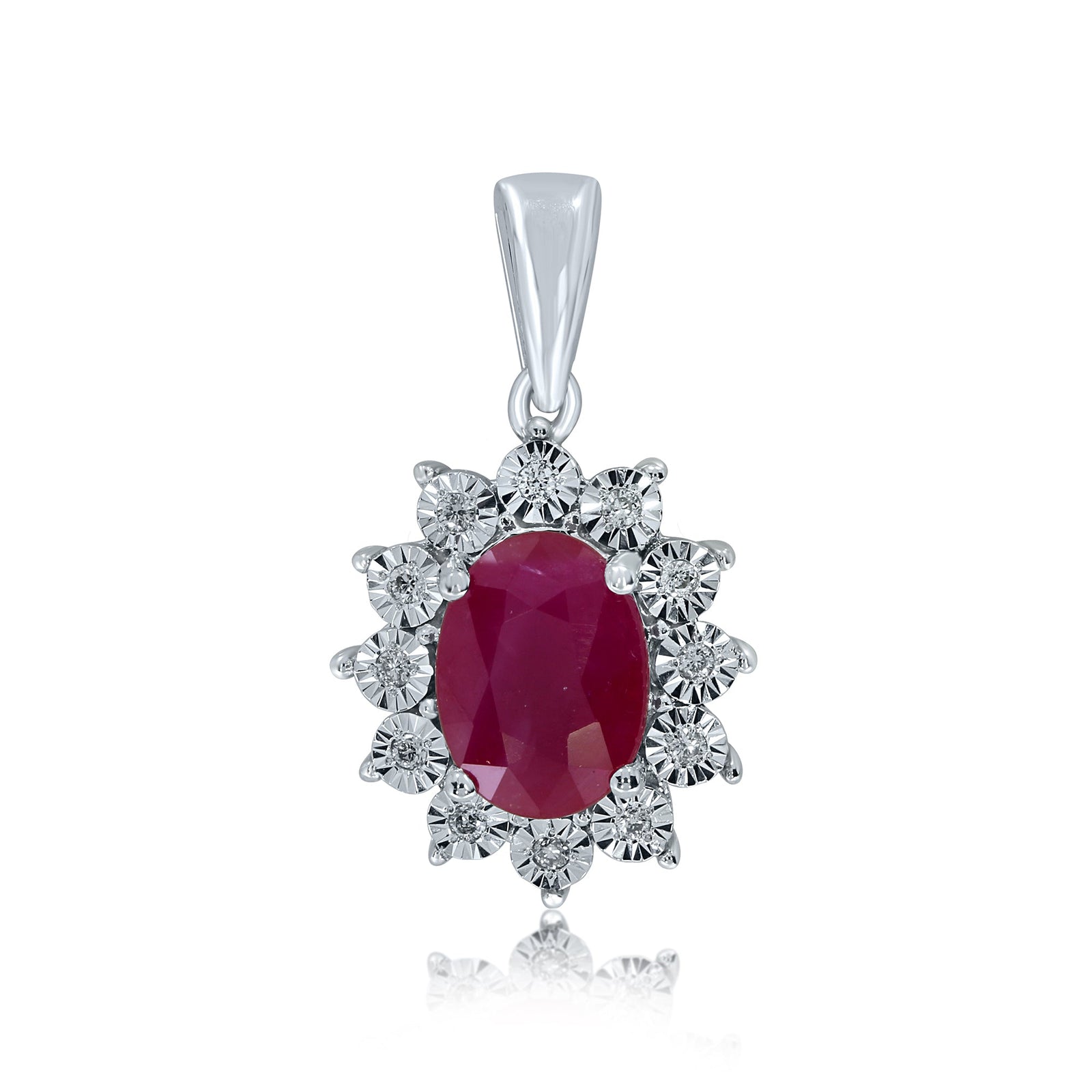 9ct white gold 7x5mm oval ruby & miracle plate diamond cluster pendant 0.04ct