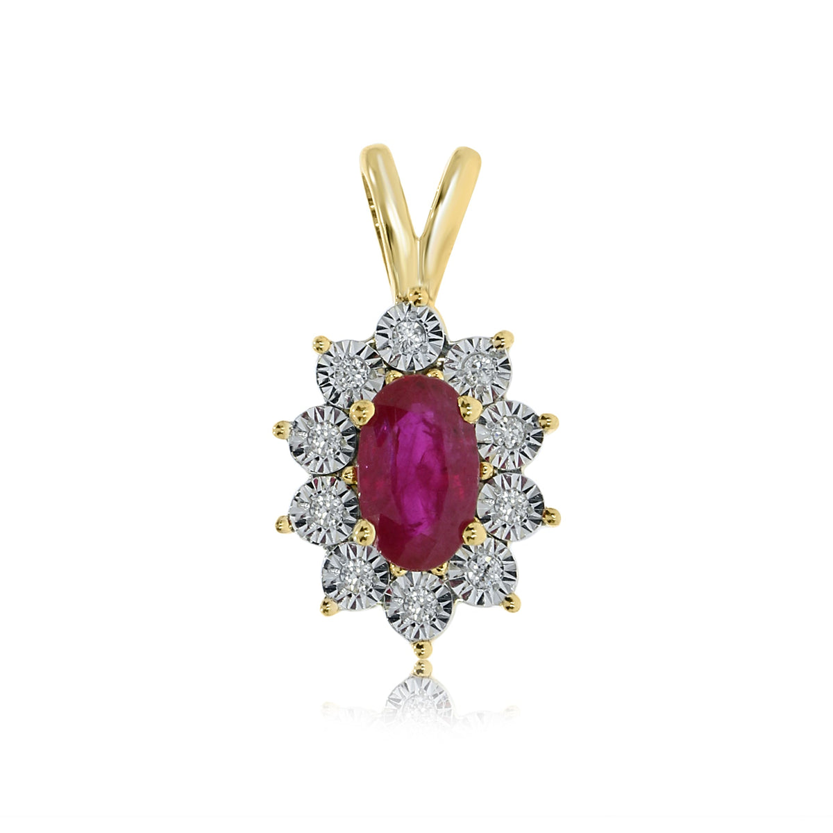 9ct gold 5x3mm oval ruby &amp; miracle plate diamond cluster pendant 0.03ct