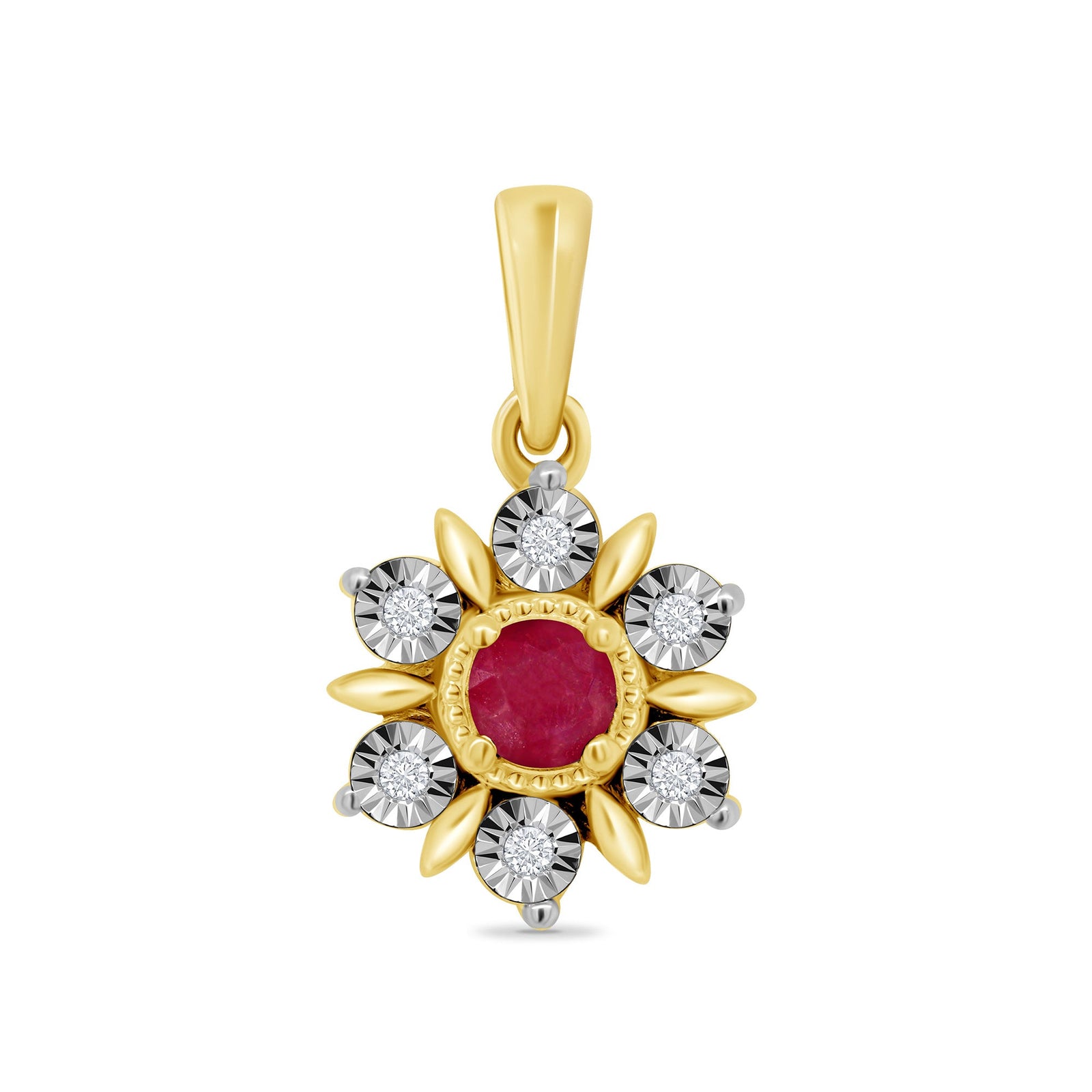 9ct gold 3.25mm round ruby & miracle plate diamond cluster pendant 0.02ct