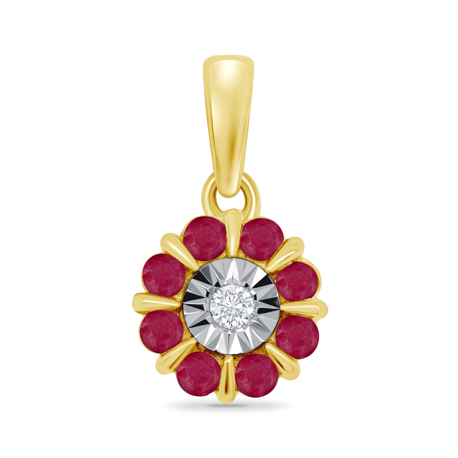 9ct gold miracle plate diamond & 1.75mm round ruby cluster pendant 0.04ct