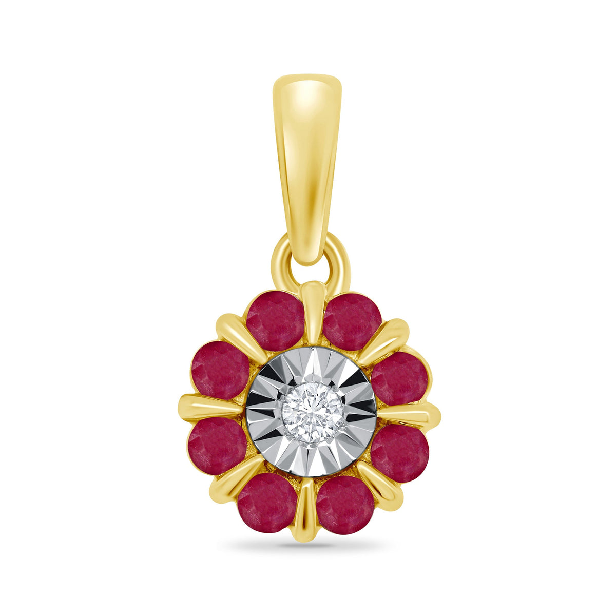 9ct gold miracle plate diamond &amp; 1.75mm round ruby cluster pendant 0.04ct