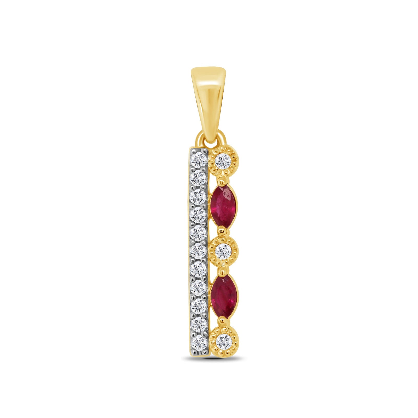 9ct gold two row marquise shape ruby & diamond bar pendant 0.10ct