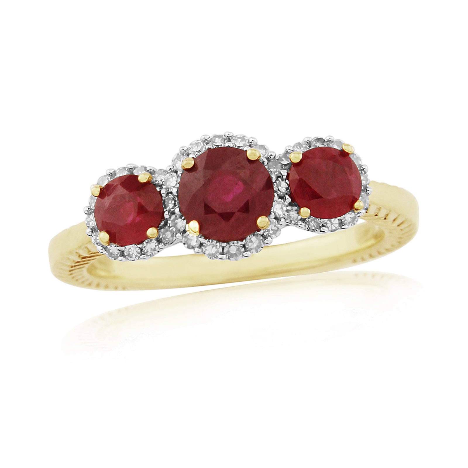 9ct gold triple 5mm & 4mm round ruby & diamond cluster ring 0.17ct