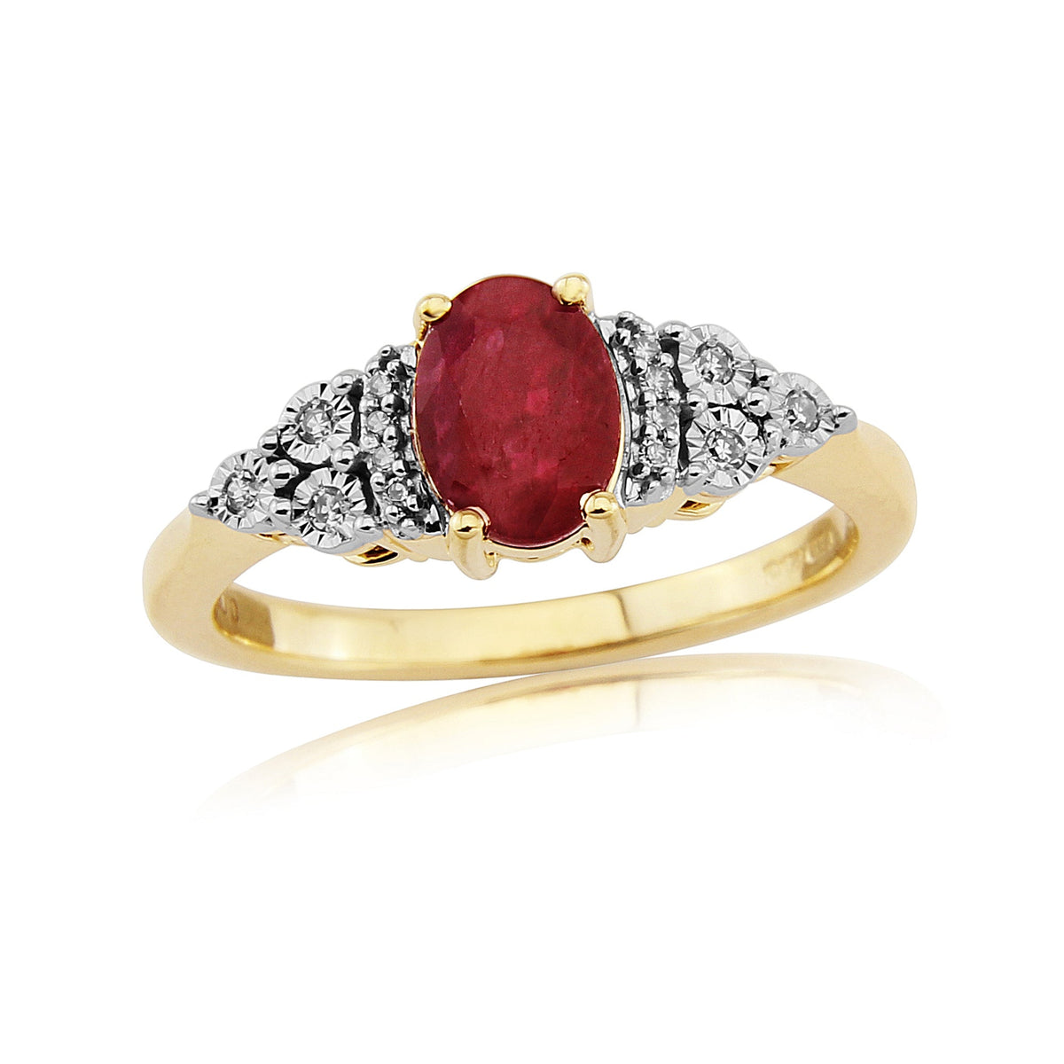 9ct gold 7x5mm oval ruby &amp; miracle plate diamond ring 0.06ct