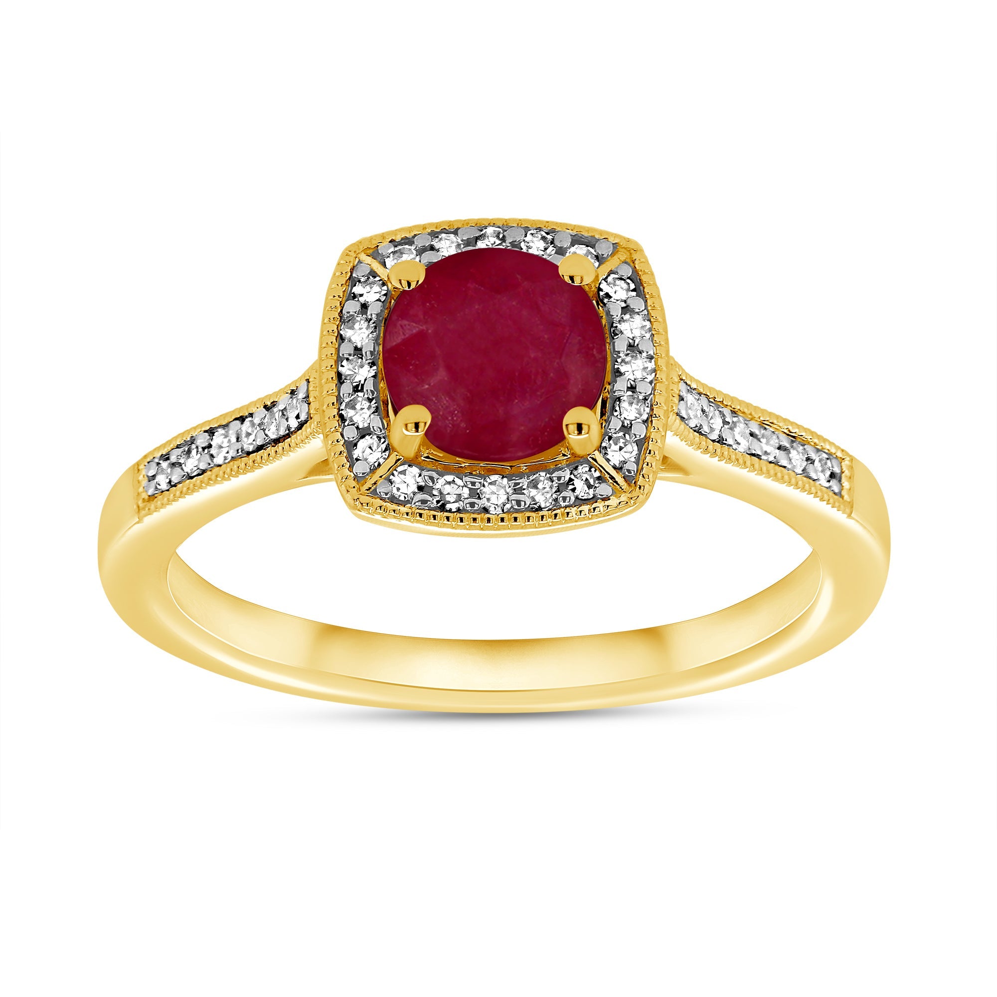 9ct gold 5mm round ruby & diamond cluster ring with diamond set shoulders 0.17ct
