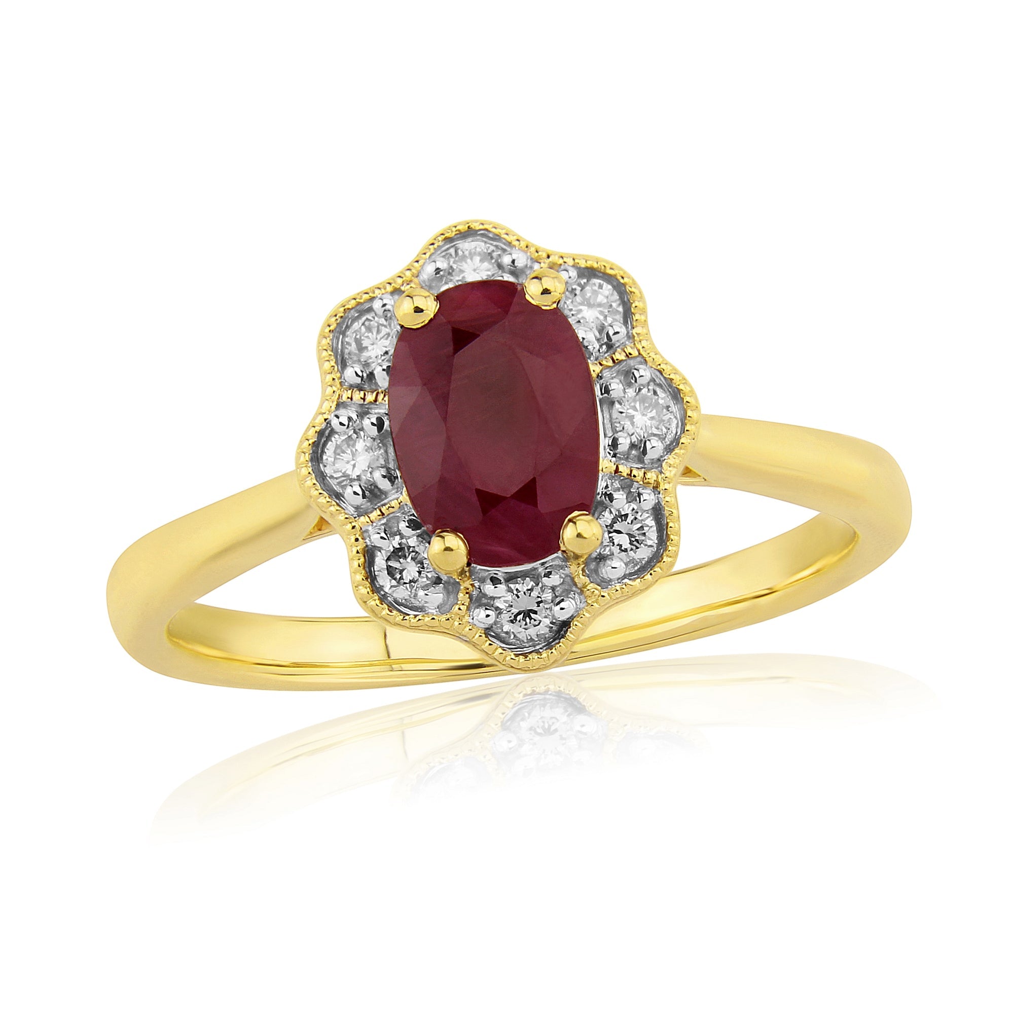 9ct gold 7x5mm oval ruby & diamond cluster ring 0.11ct