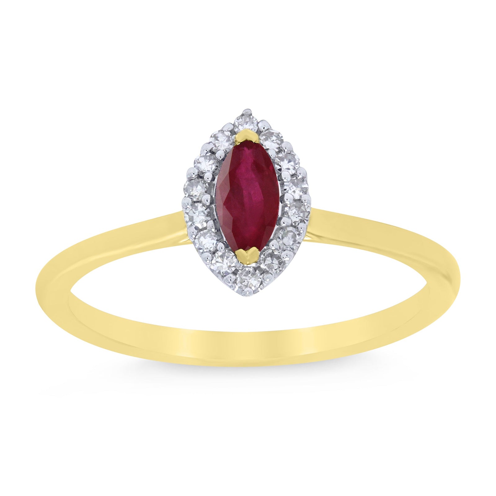 9ct gold 5x3mm marquise shape ruby & diamond cluster ring 0.10ct