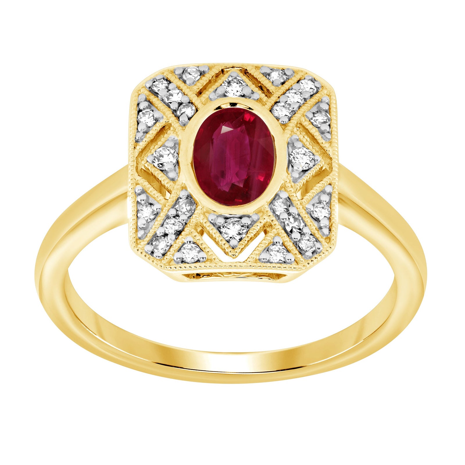 9ct gold 7x5mm oval ruby & diamond antique style ring 0.17ct