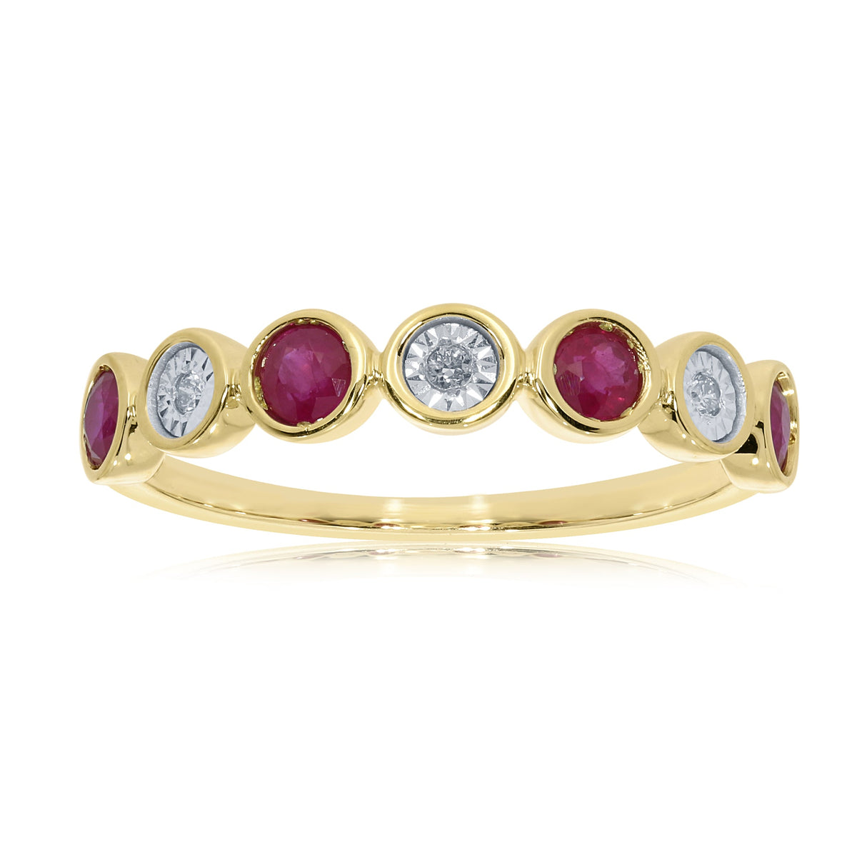 9ct gold 3mm round ruby &amp; miracle plate diamond half et ring 0.03ct