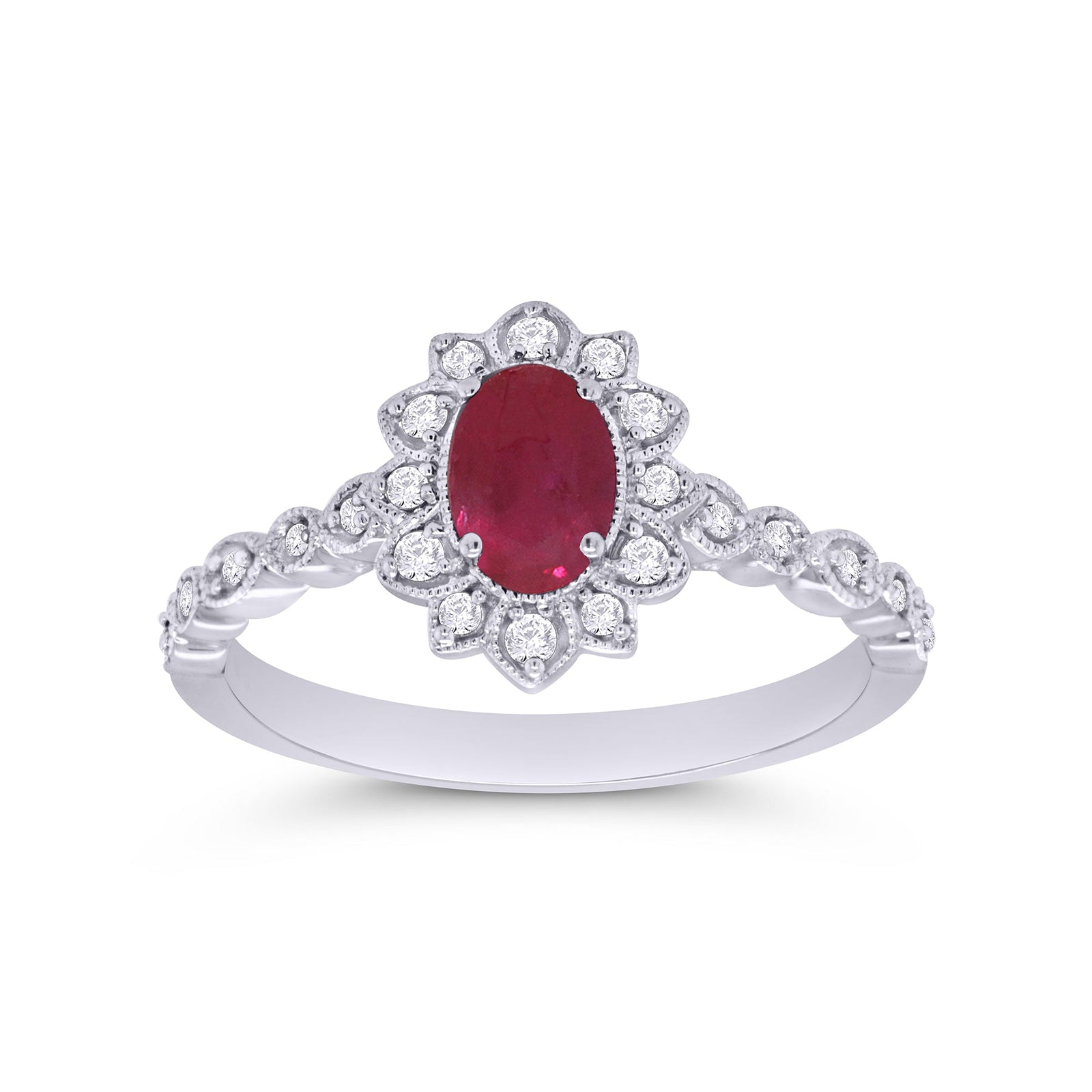 9ct white gold 6x4mm oval ruby & diamond cluster ring with diamond set shoulders 0.15ct