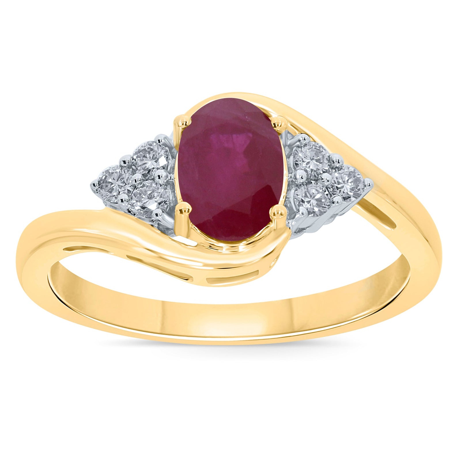 9ct gold 7x5mm oval ruby & triple diamond shoulder cross-over ring 0.15ct