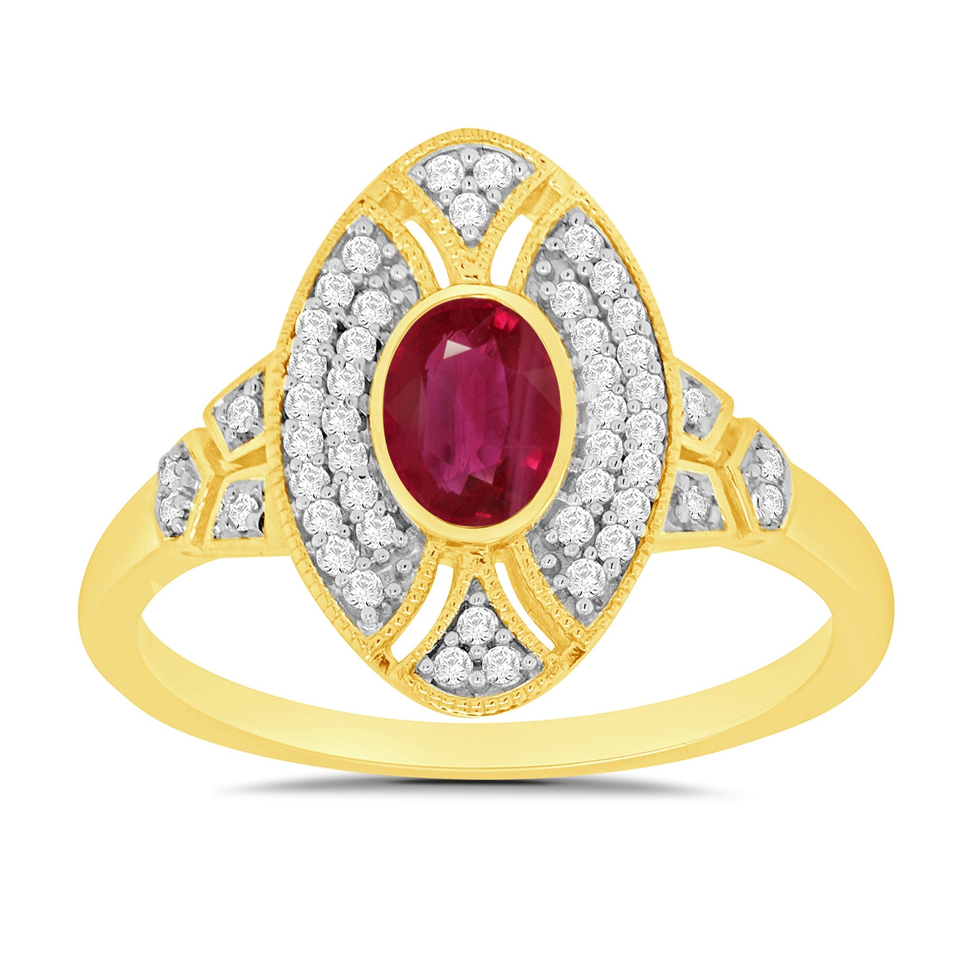 9ct gold 6x4mm oval ruby & antique style diamond cluster ring 0.18ct