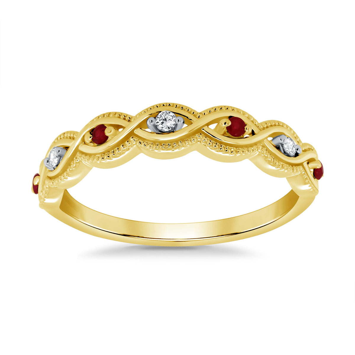 9ct gold ruby &amp; diamond milgrain edge swirl half eternity ring 0.04ct