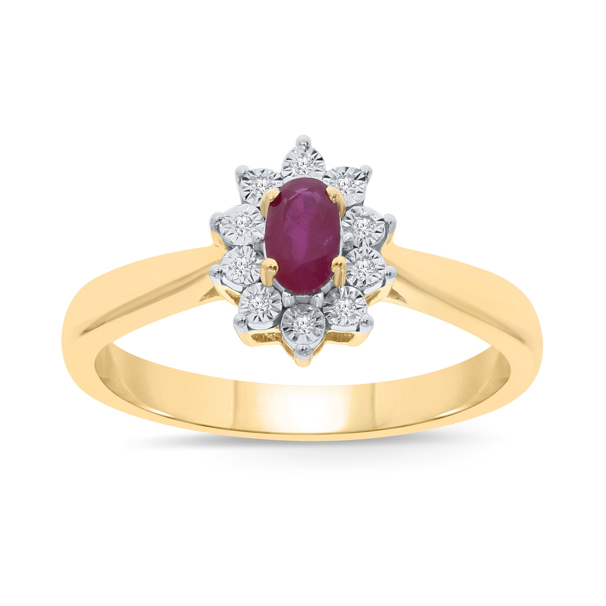 9ct gold 5x3mm oval ruby & miracle plate diamond cluster ring 0.03ct