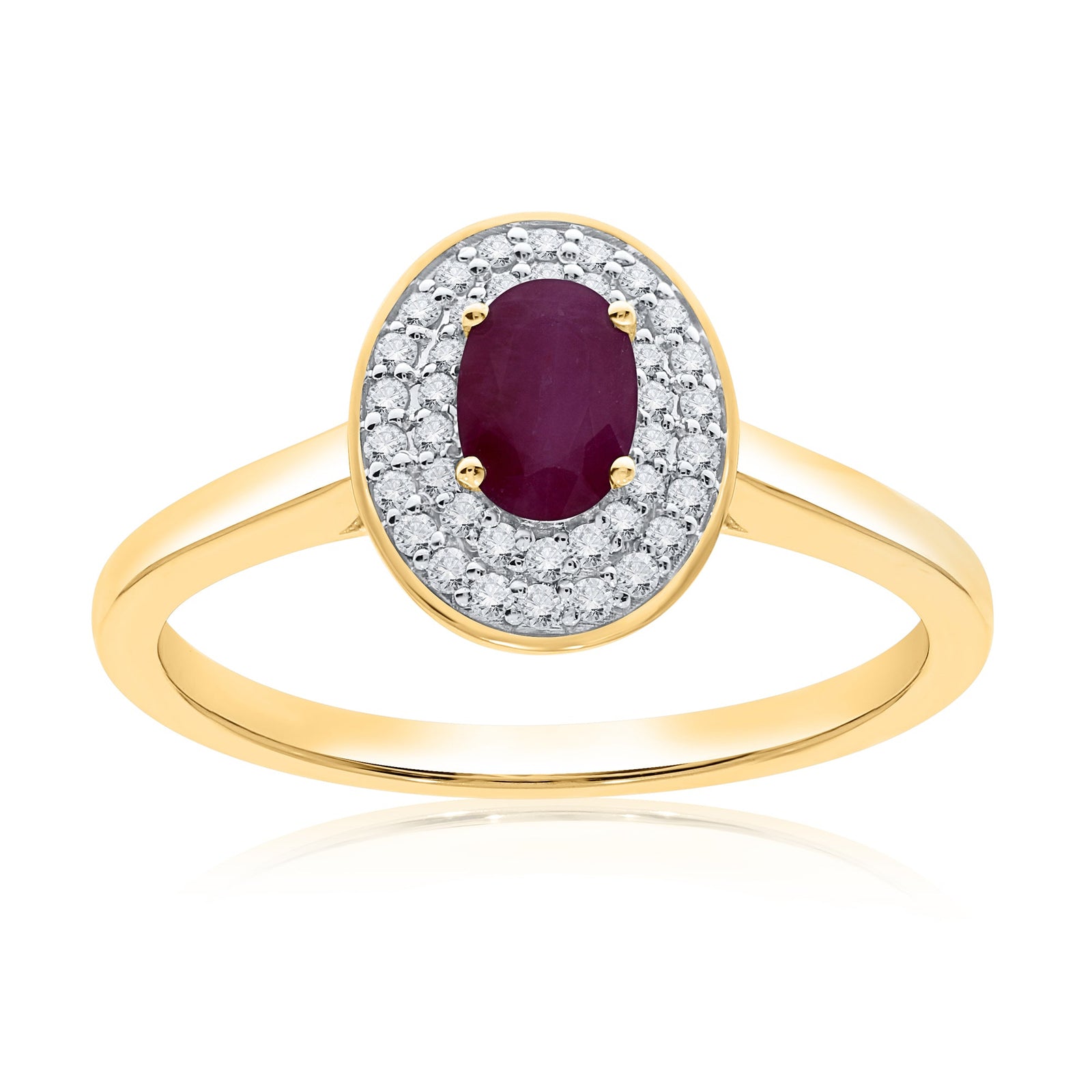 9ct gold 6x4mm oval ruby & two row diamond cluster ring 0.20ct