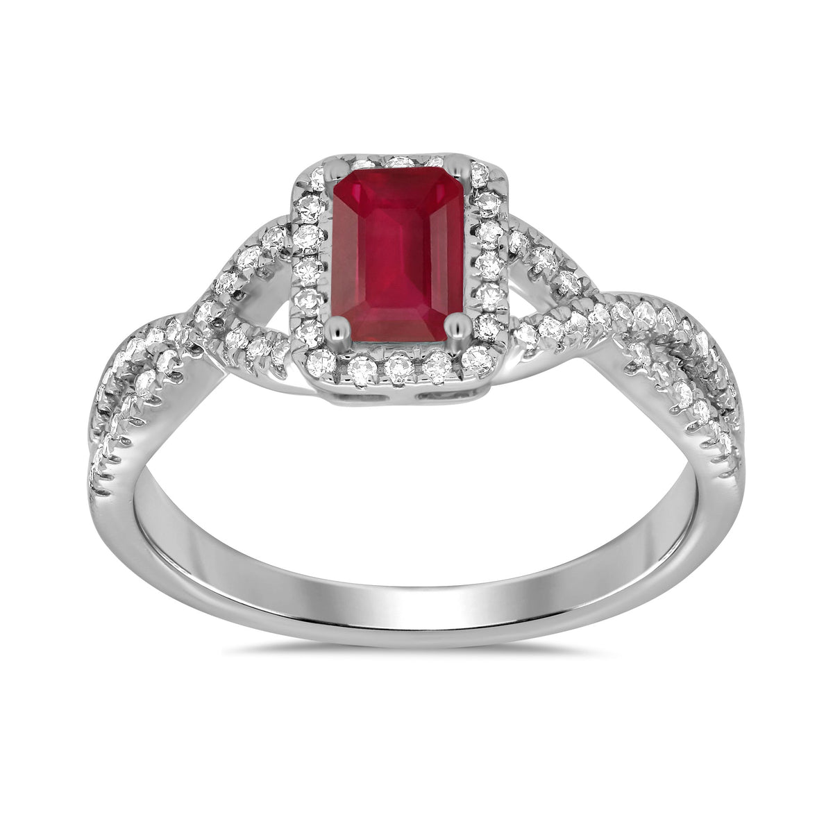 9ct white gold 6x4mm octagon ruby &amp; diamond cluster ring with diamond set crossover shoulders 0.21ct