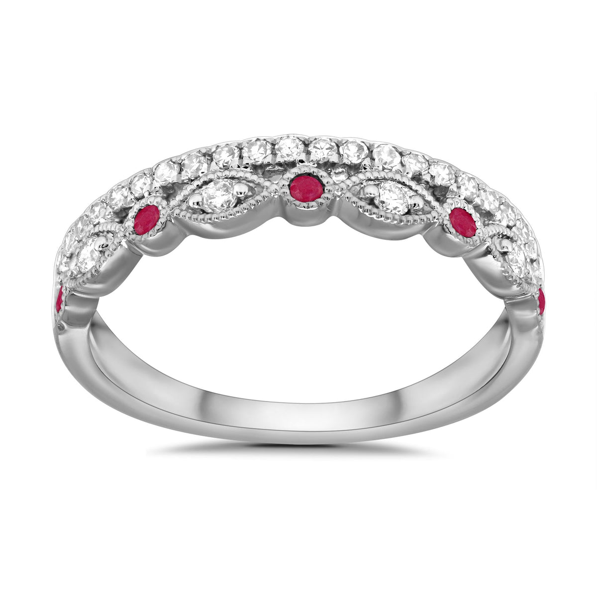 9ct white gold two row ruby &amp; diamond half eternity ring 0.25ct