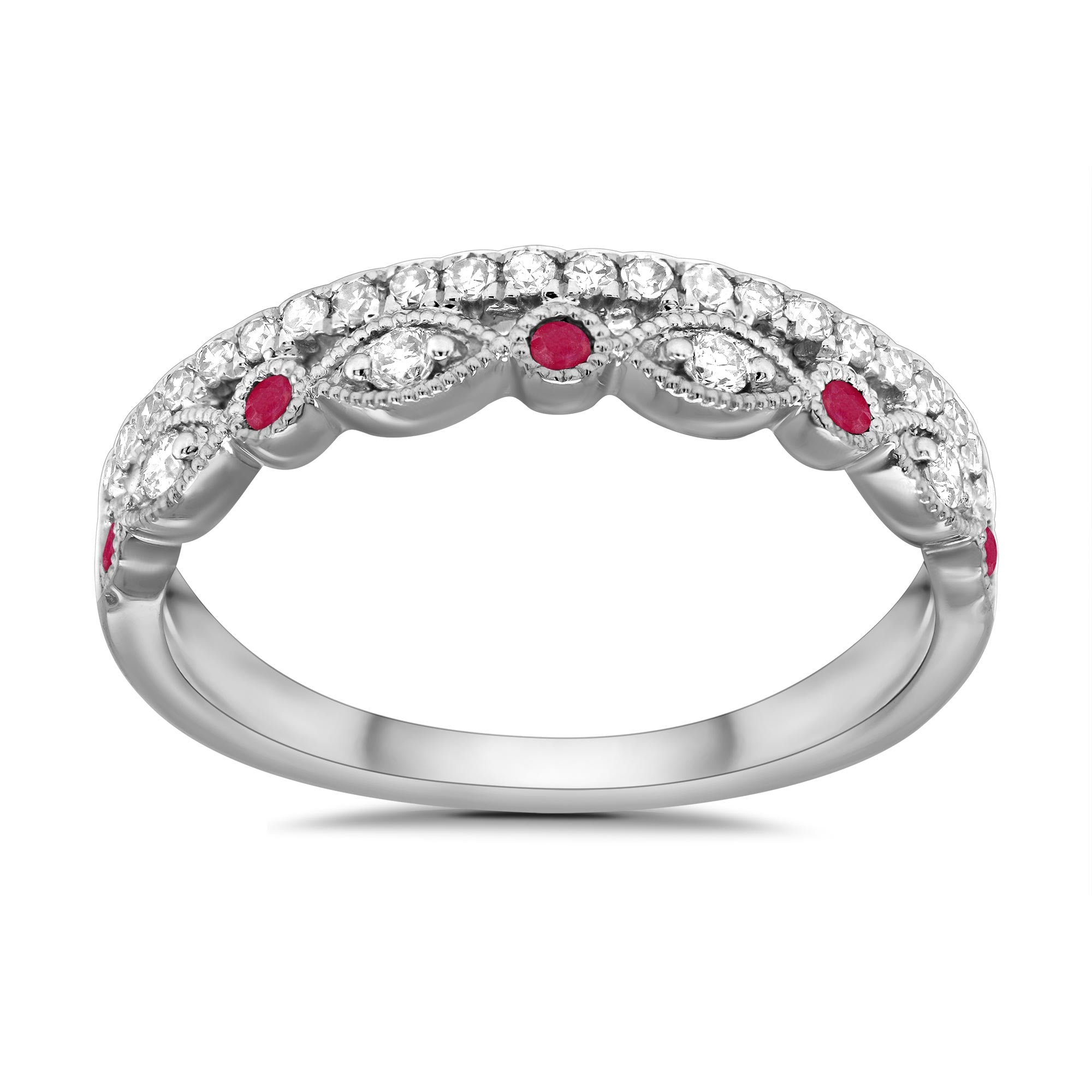 9ct white gold two row ruby & diamond half eternity ring 0.25ct