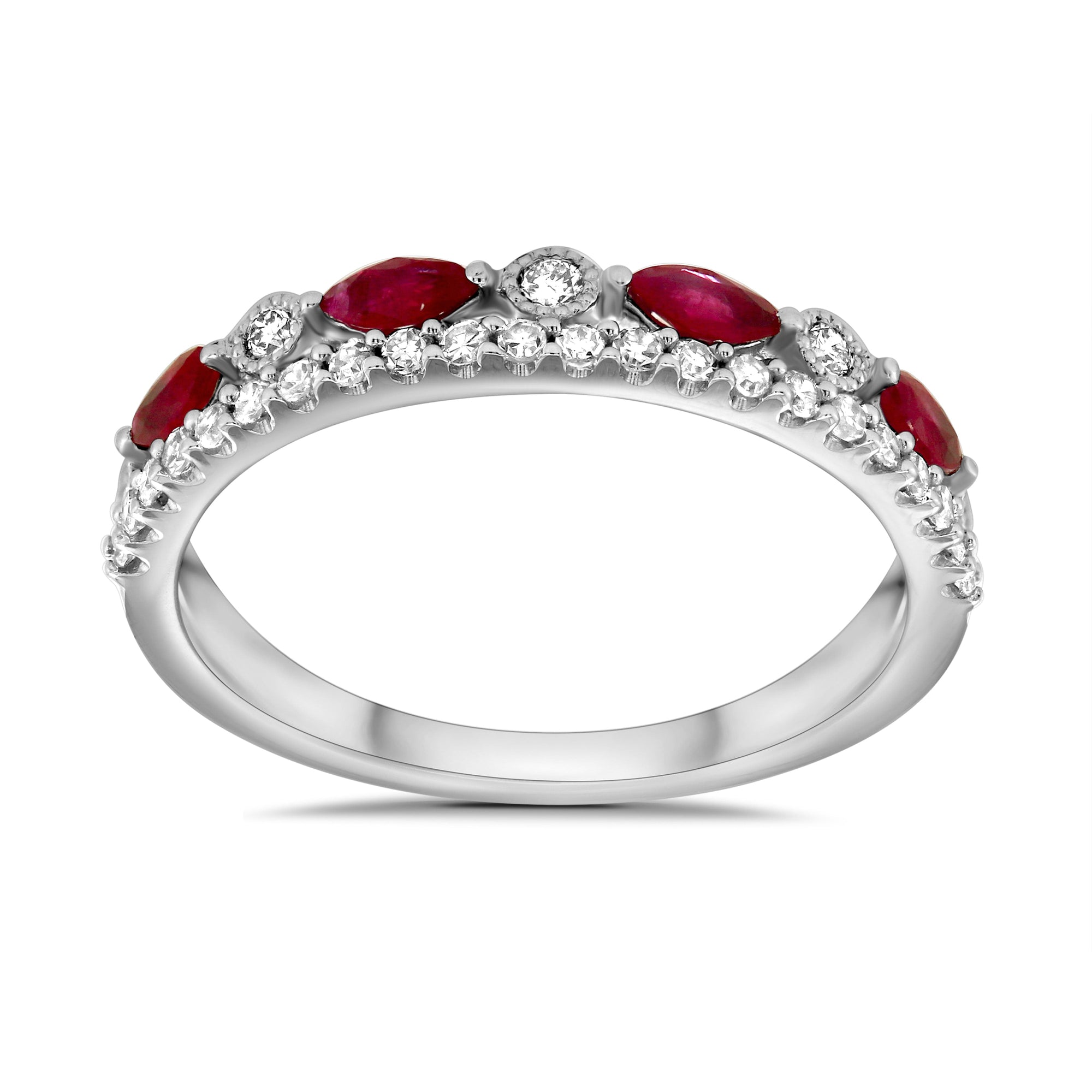 9ct white gold marquise shape ruby & diamond half eternity ring 0.28ct