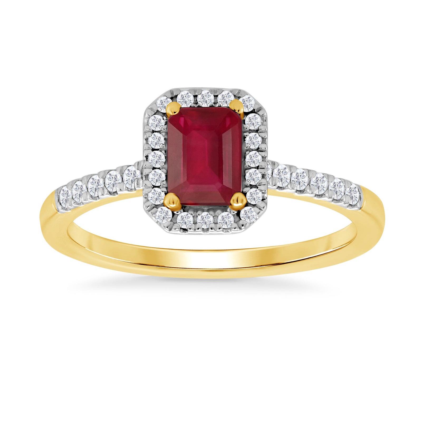 9ct gold 6x4mm octagon ruby & diamond cluster ring with diamond set shoulders 0.20ct