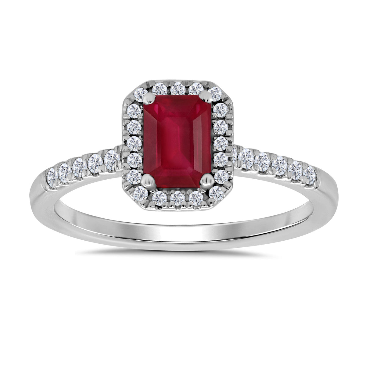 9ct white gold 6x4mm octagon ruby &amp; diamond cluster ring with diamond set shoulders 0.20ct