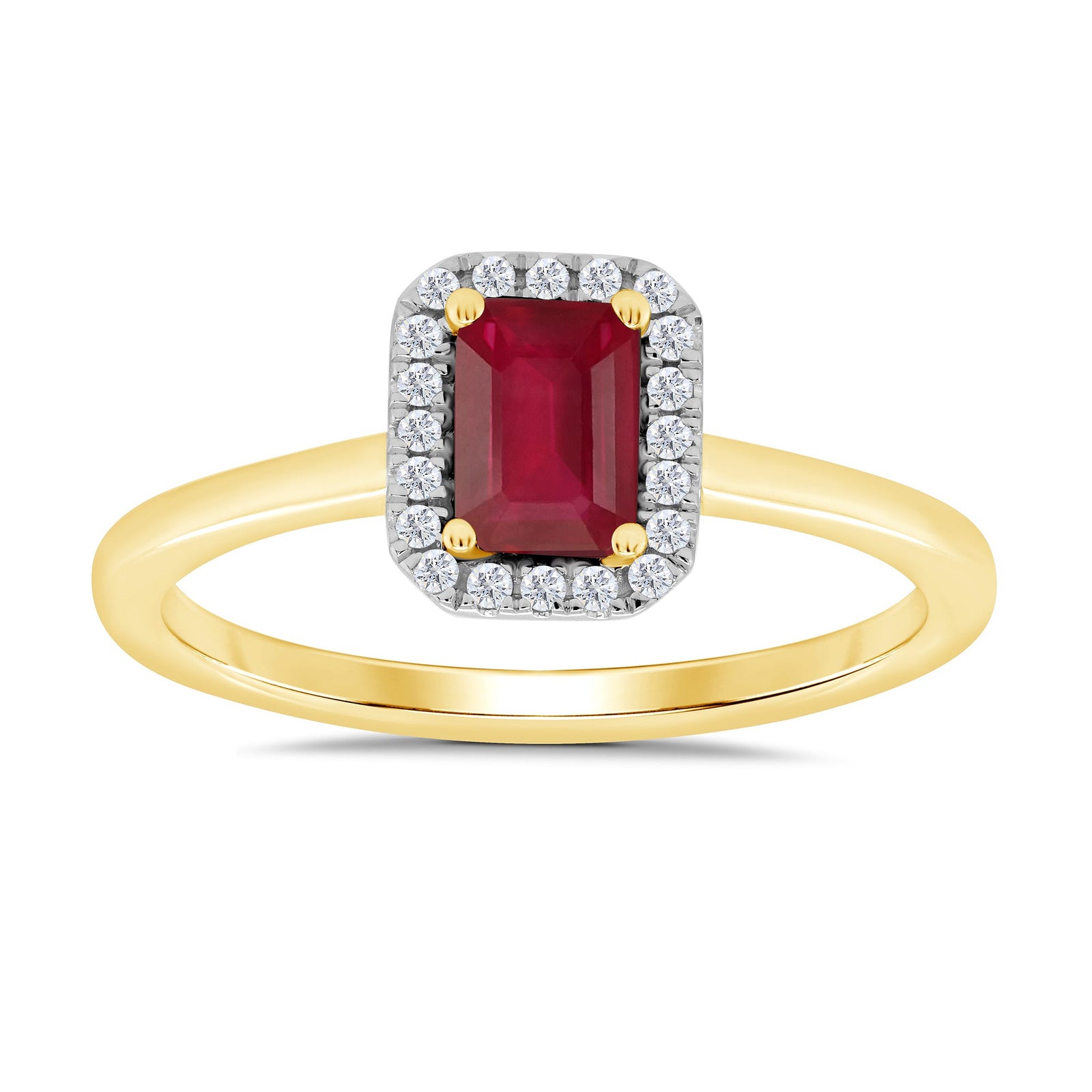 9ct gold 6x4mm octagon cut ruby & diamond cluster ring  0.10ct