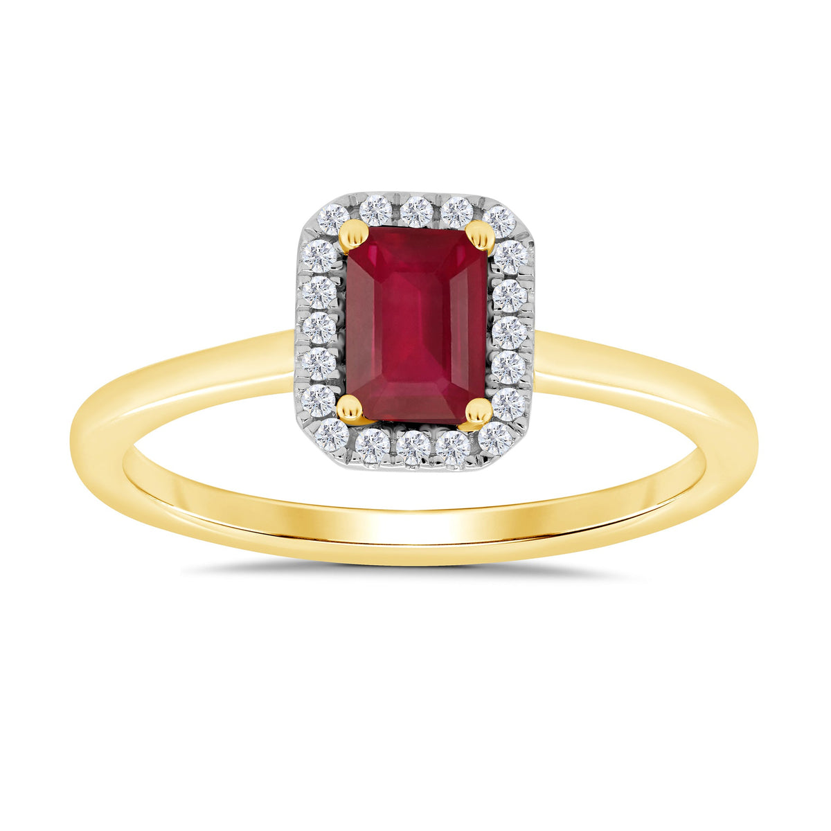 9ct gold 6x4mm octagon cut ruby &amp; diamond cluster ring  0.10ct
