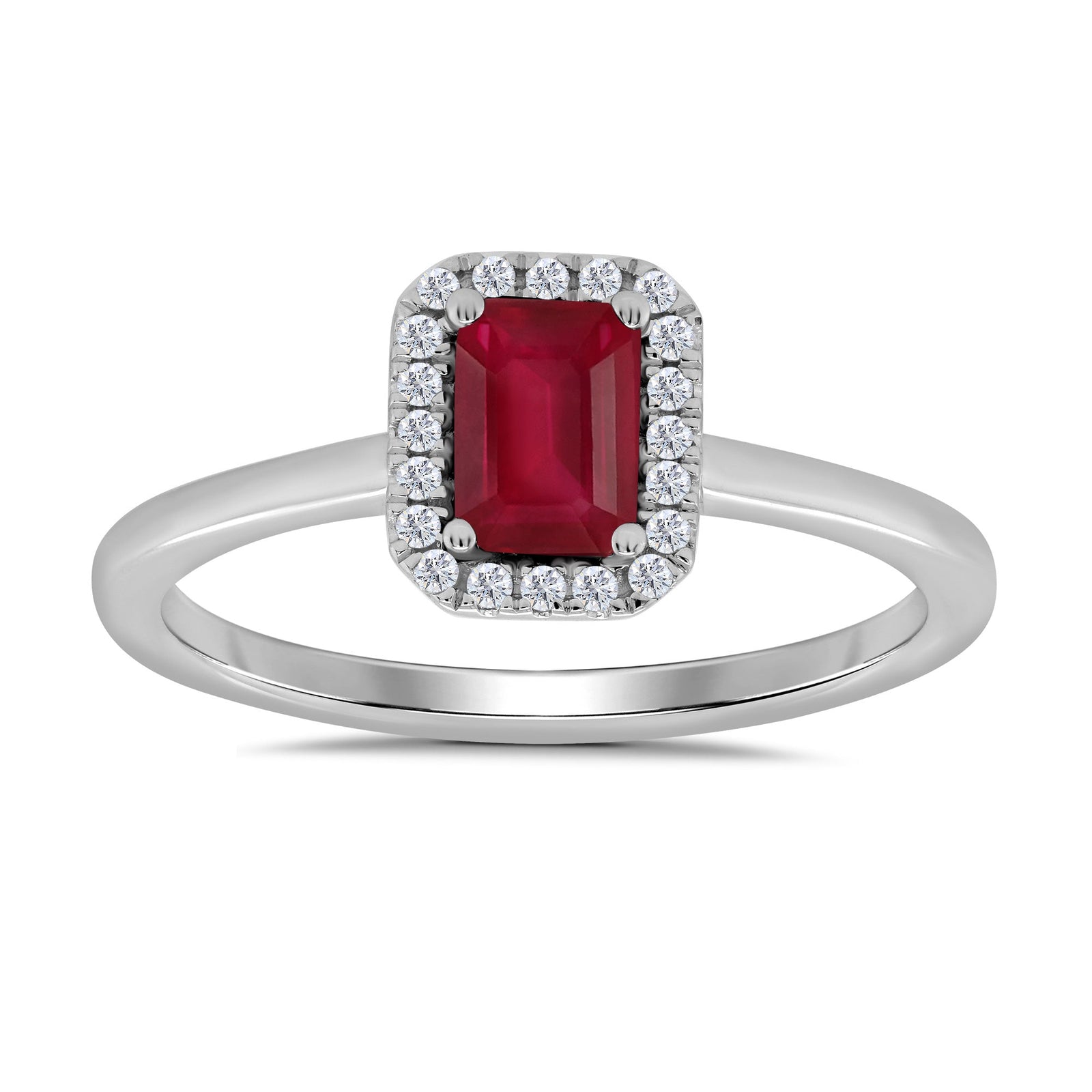 9ct white gold 6x4mm octagon cut ruby & diamond cluster ring  0.10ct
