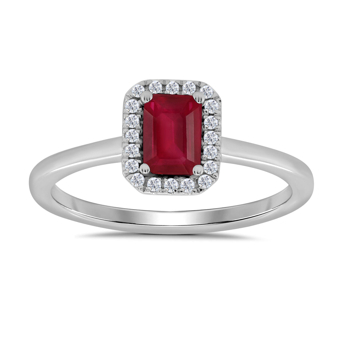 9ct white gold 6x4mm octagon cut ruby &amp; diamond cluster ring  0.10ct