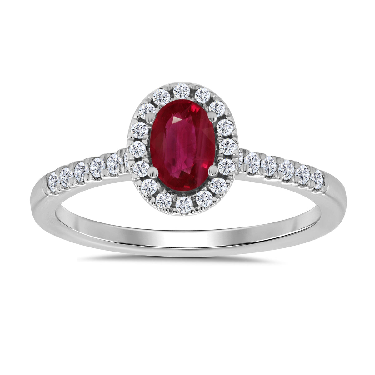 9ct white gold 6x4mm oval ruby &amp; diamond cluster ring with diamond set shoulders 0.20ct