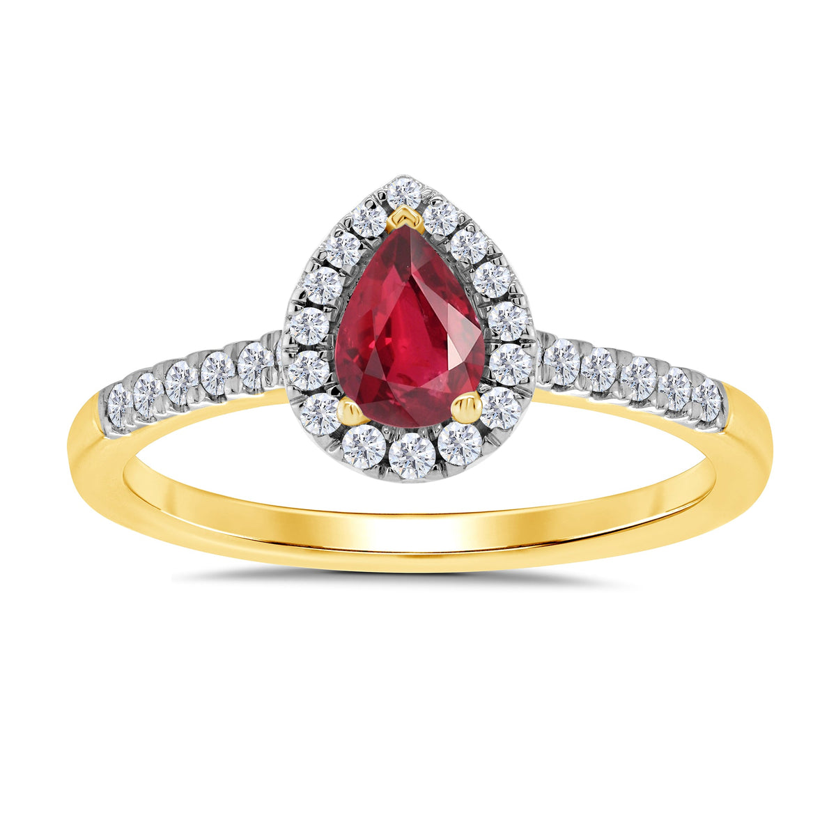 9ct gold 6x4mm pear shape ruby &amp; diamond cluster ring with diamond set shoulders 0.20ct
