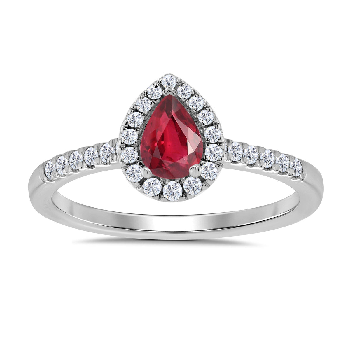 9ct white gold 6x4mm pear shape ruby &amp; diamond cluster ring with diamond set shoulders 0.20ct