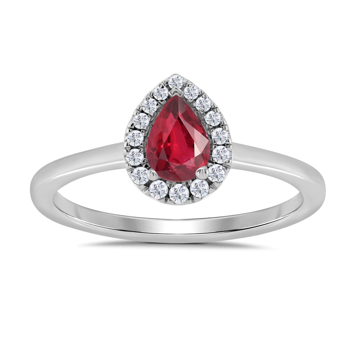 9ct white gold 6x4mm pear shape ruby &amp; diamond cluster ring  0.10ct