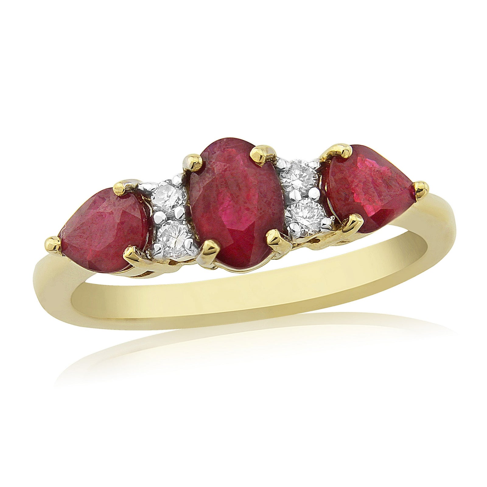 9ct 6x4mm oval ruby with two 5x4mm pear shape rubies & diamond ring 0.11ct