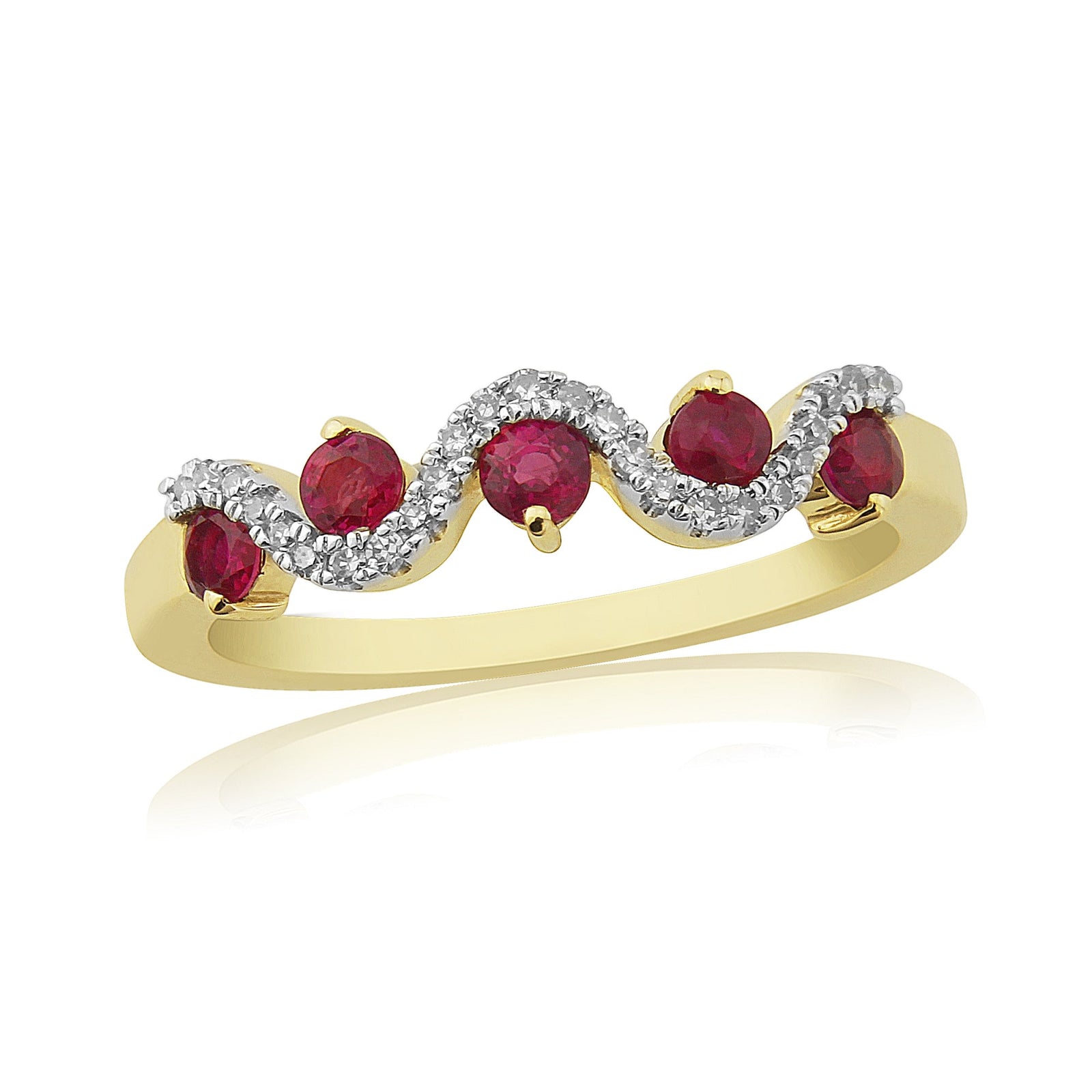 9ct gold 2.30mm round ruby & diamond set wave eternity ring 0.10ct