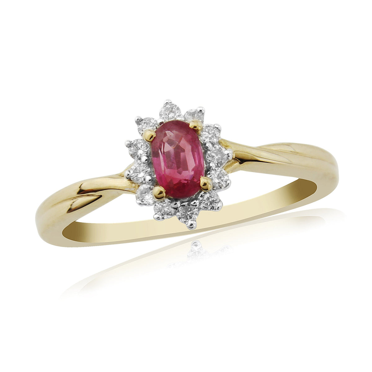 9ct gold 5x3mm oval ruby &amp; diamond cluster ring with crossover shank 0.11ct