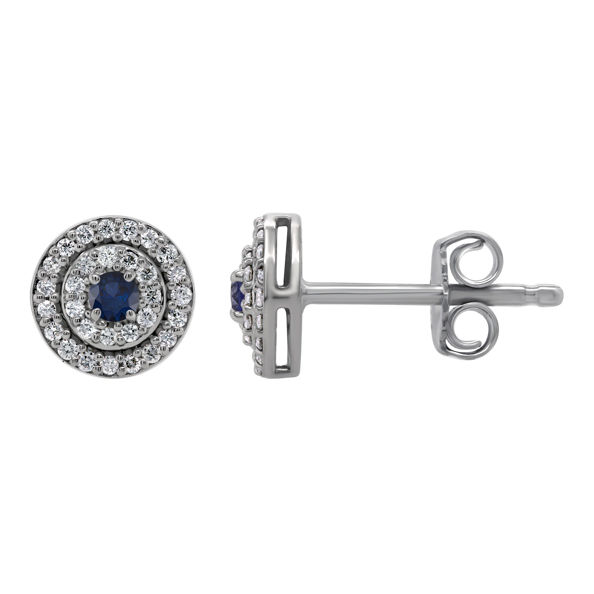 9ct white gold 2.50mm sapphire & two row diamond halo cluster stud earrings 0.23ct