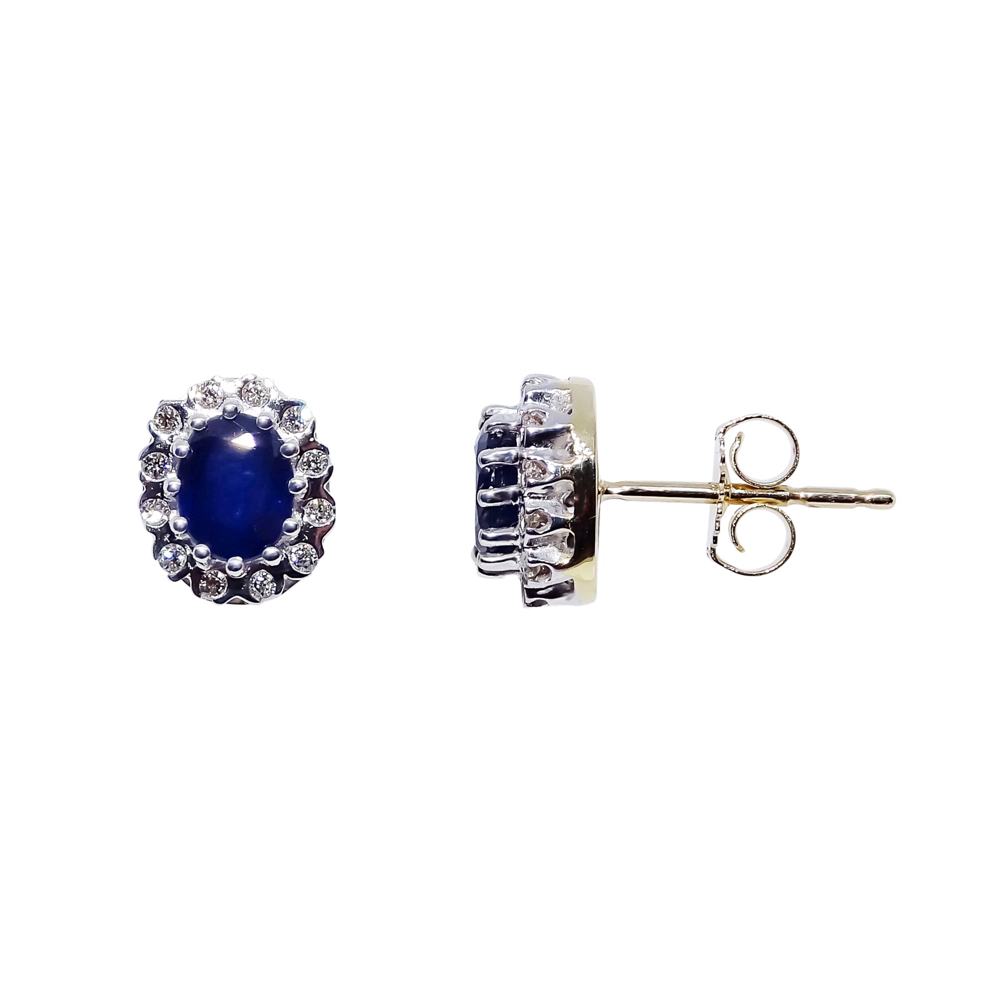 9ct gold 5x4mm oval sapphire & diamond cluster stud earrings 0.12ct