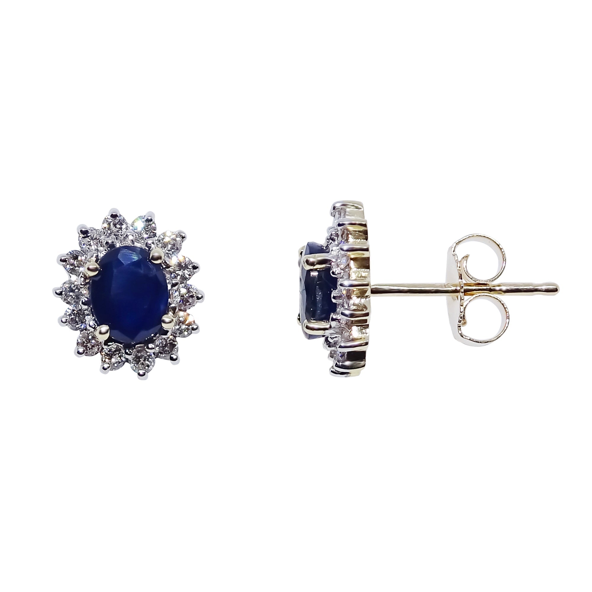 9ct gold 5x4mm oval sapphire & diamond cluster stud earrings 0.33ct