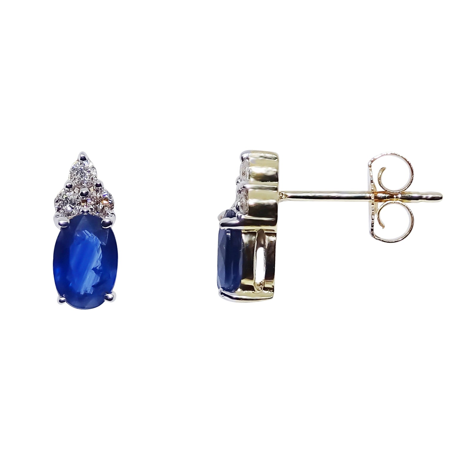 9ct gold 6x4mm oval sapphire & diamond stud earrings 0.14ct