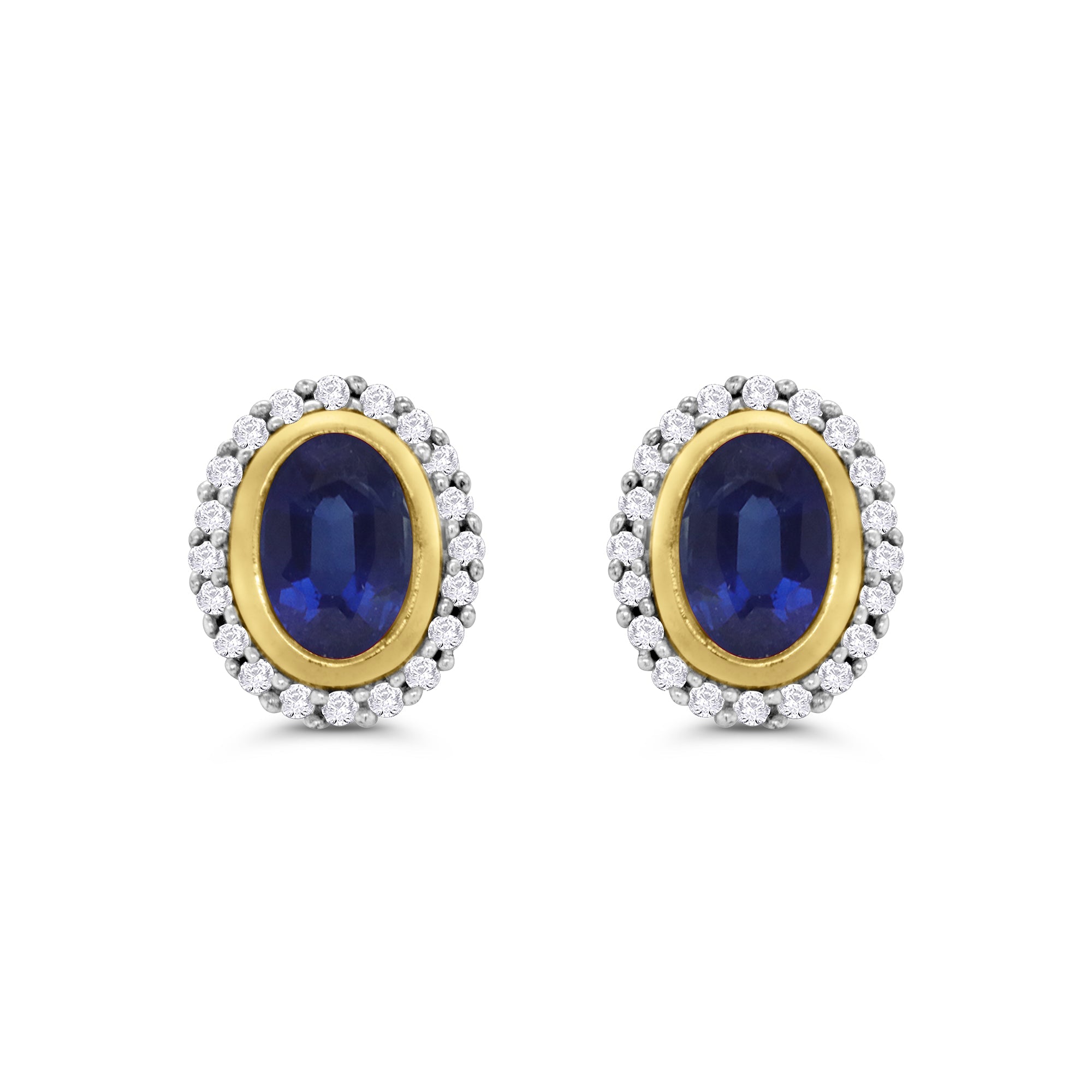 9ct gold 6x4mm rub over set sapphire & diamond cluster stud earrings 0.20ct