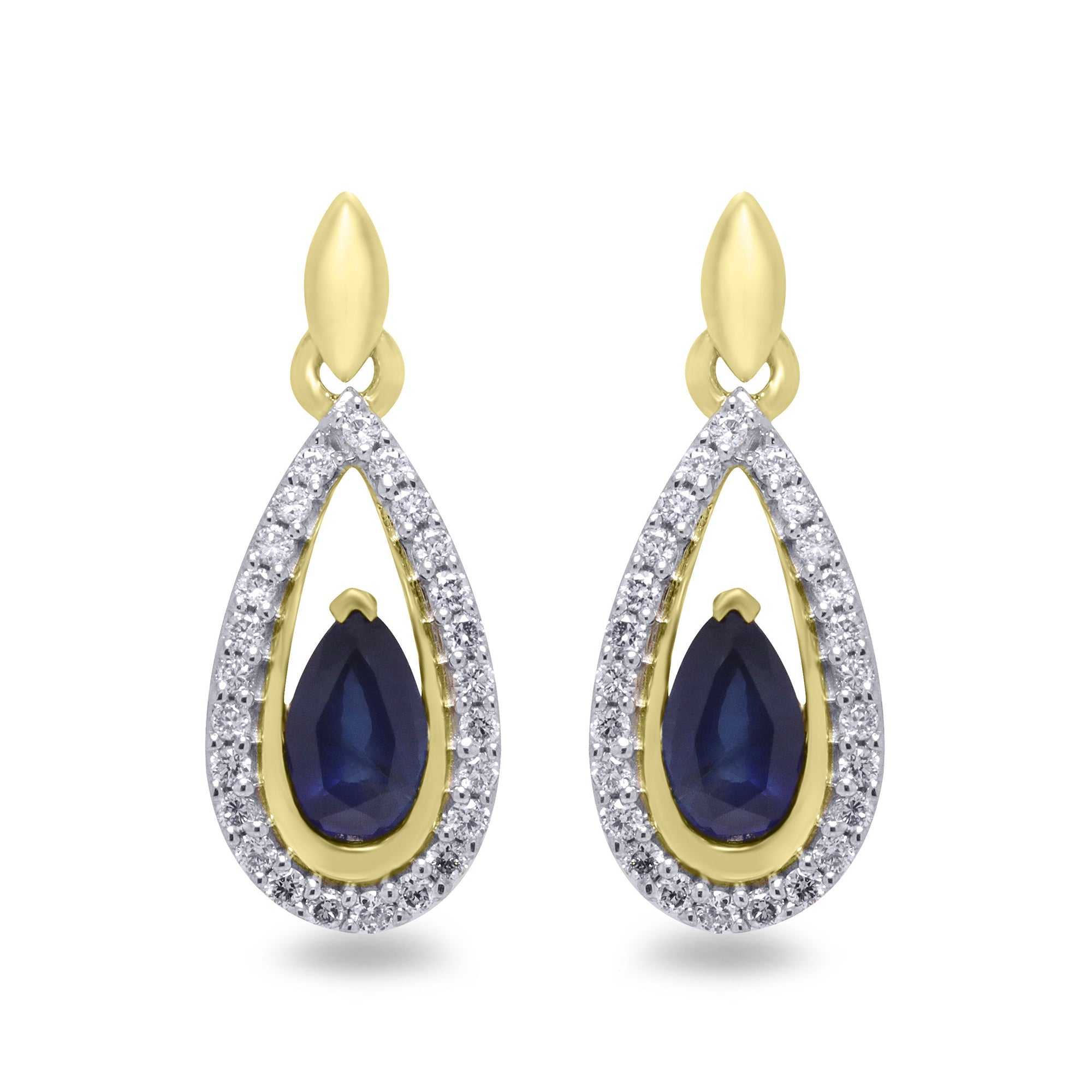 9ct gold 5x3mm pear shape sapphire & diamond drop earrings 0.15ct