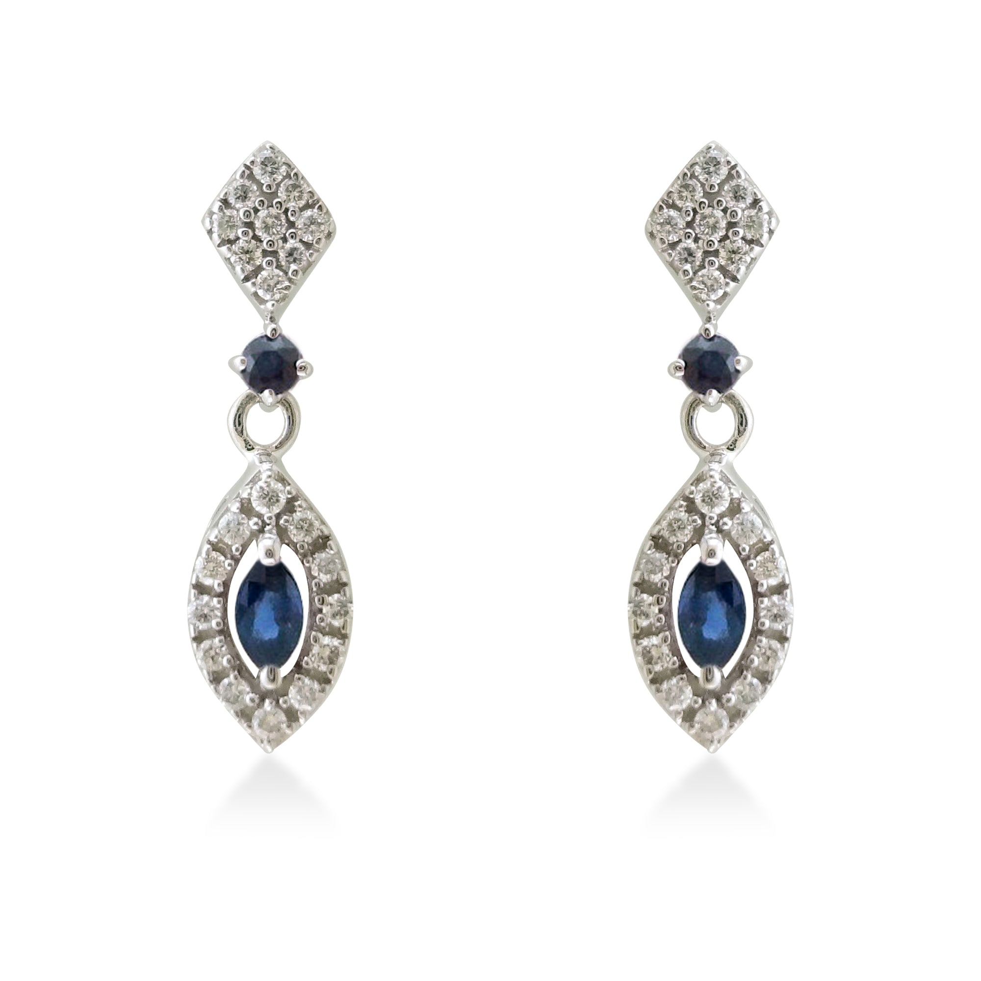 9ct white gold 4x2mm marquise shape & 2mm round sapphire & diamond drop earrings 0.22ct