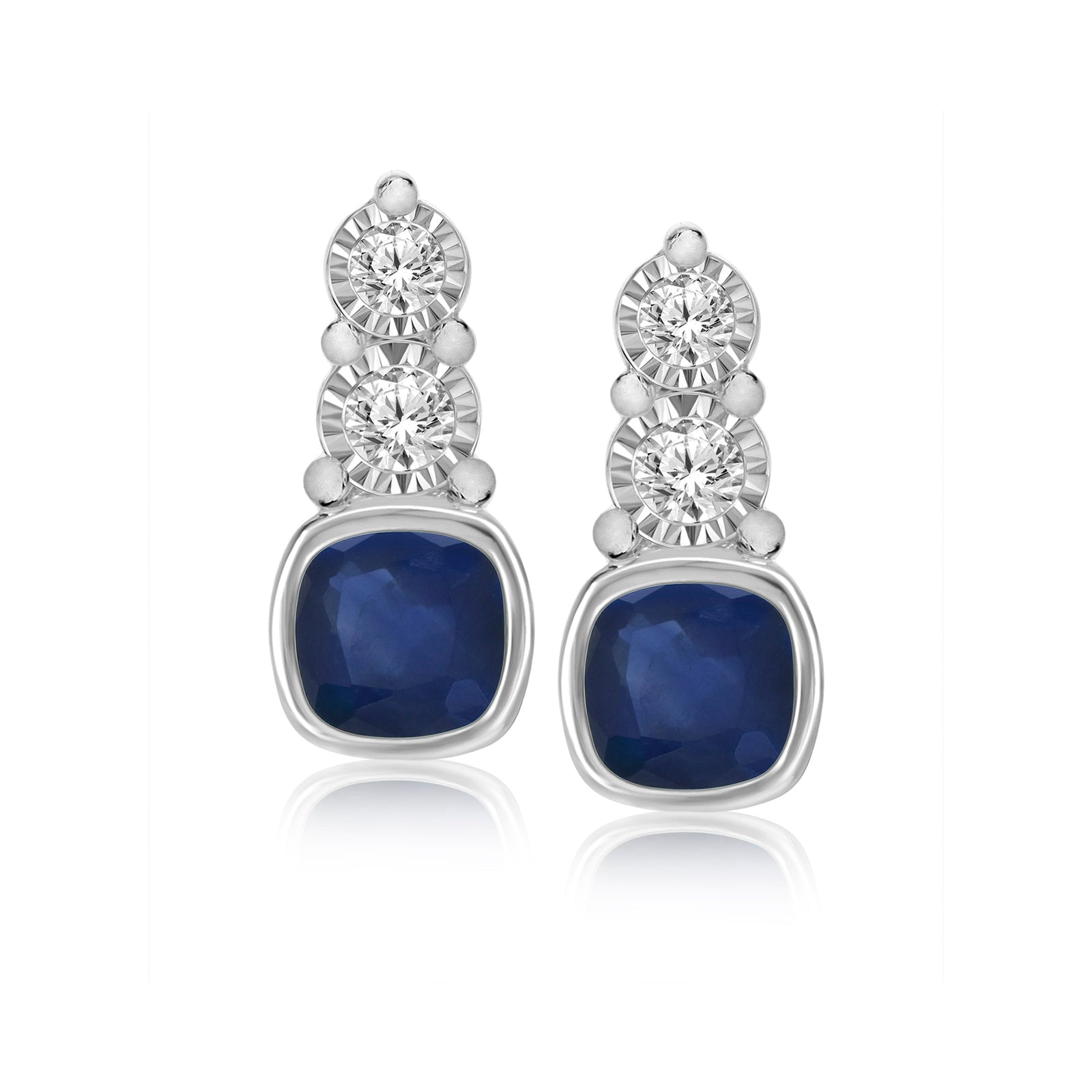 9ct white gold 4mm cushion shape sapphire & miracle plate diamond studs earrings 0.06ct
