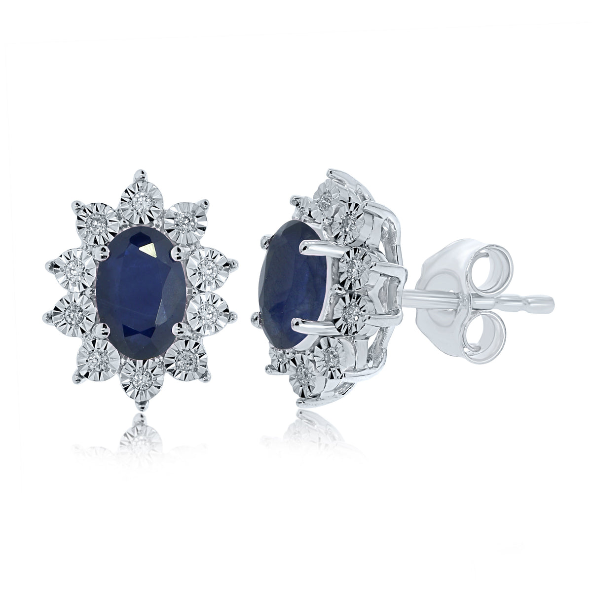 9ct white gold 6x4mm oval sapphire &amp; miracle plate diamond cluster stud earrings 0.07ct