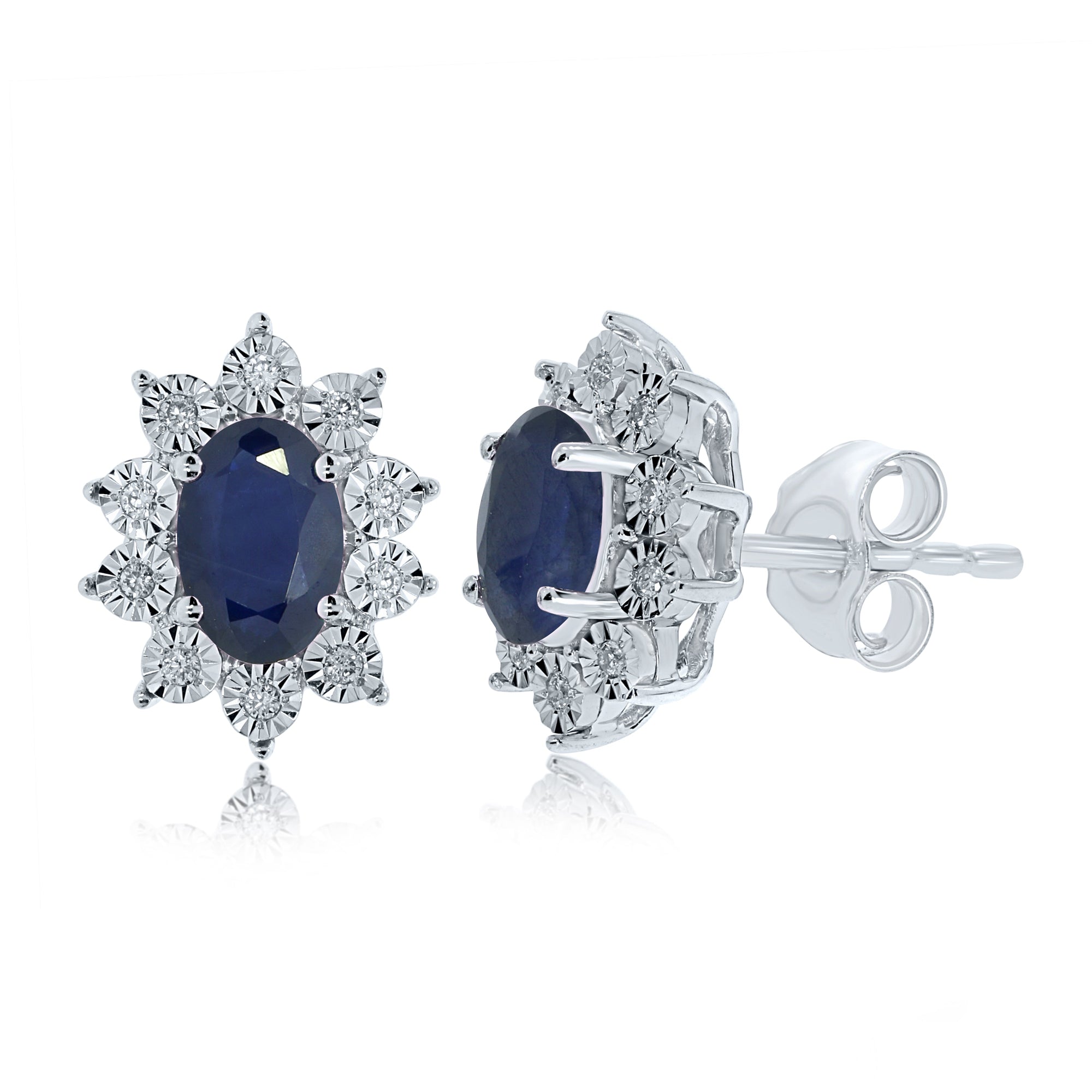 9ct white gold 6x4mm oval sapphire & miracle plate diamond cluster stud earrings 0.07ct